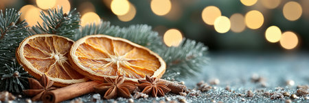 Christmas decoration with dried orange slices, cinnamon and star anise on bokeh backgroundの素材