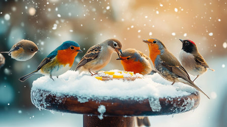 A group of birds sitting on a bird feeder. Winter background.の素材