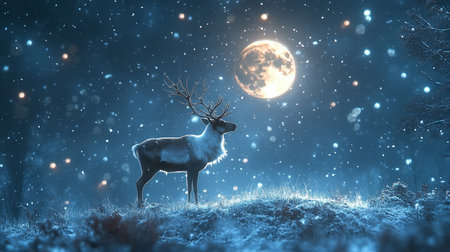 Fantasy landscape with reindeer and full moon. 3D renderingの素材