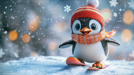 Cute little penguin on snow with bokeh lights backgroundの素材