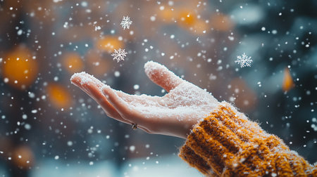 Close up of woman's hand in warm sweater holding snowflakesの素材