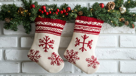 Christmas socks on a white brick wall background with a Christmas garlandの素材