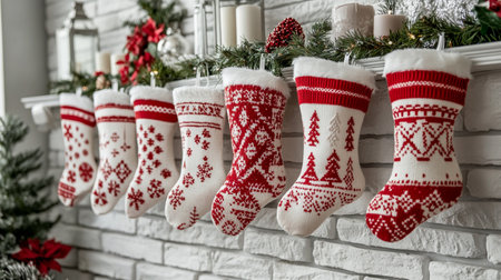 Christmas socks hanging on a white brick wall with Christmas ornamentsの素材