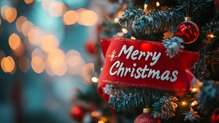 Merry Christmas and Happy New Year greeting card. Decorated Christmas tree with red text on bokeh backgroundの素材