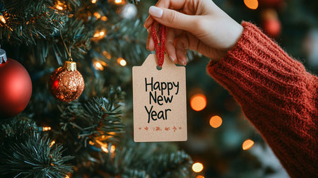 Christmas and New Year concept. Woman holding tag with text Happy New Yearの素材