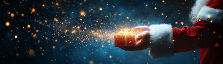 Santa Claus holding a gift box in his hands on a dark backgroundの素材