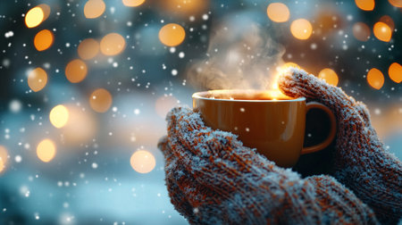 Woman in warm knitted gloves holding cup of hot drink with bokeh backgroundの写真素材