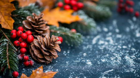 Christmas greeting card. Festive decoration on dark wooden background. New Year concept. Copy space.の写真素材