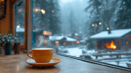 Cup of coffee on the background of a snowy winter landscape.の写真素材