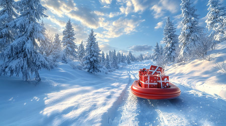 Santa Claus sleigh with presents in the winter forest. 3d renderingの写真素材