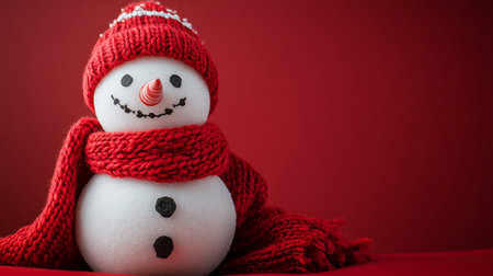 Snowman in red scarf and hat on red background with copy spaceの写真素材
