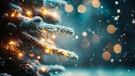 Christmas and New Year background with snowy fir branches and bokeh lights