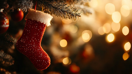 Christmas sock hanging on Christmas tree with bokeh lights on backgroundの写真素材