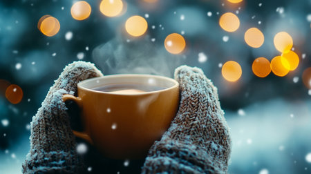 Female hands in warm mittens holding a cup of hot tea on bokeh background