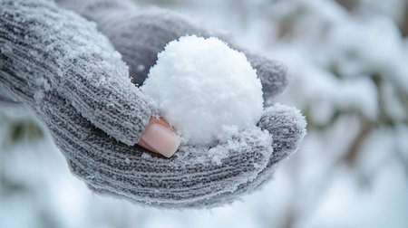 Female hands in gray knitted gloves hold a snowball on the background of the winter forestの写真素材