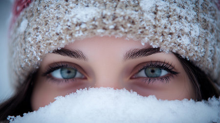 Close up portrait of beautiful young woman in winter hat and scarf.の写真素材