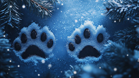 Paws of a dog and cat in the snow on a blue backgroundの写真素材