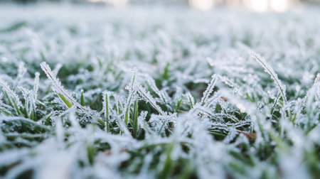 Hoarfrost on the grass in the morning, shallow depth of fieldの写真素材