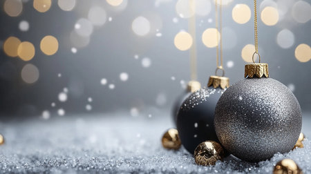 Christmas decoration on bokeh background with snow and copy space.の写真素材