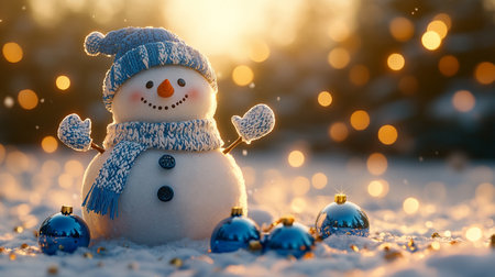 Snowman with blue christmas balls on snow. Christmas background.の写真素材