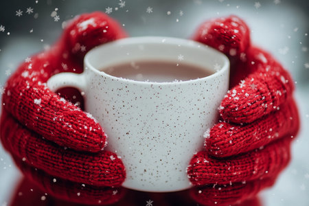 Female hands in red gloves holding a cup of hot tea. christmas backgroundの写真素材