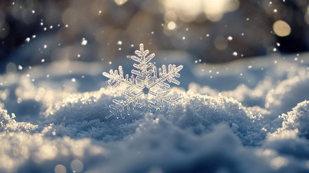 Snowflake on snow background. Christmas and New Year holidays background.の写真素材