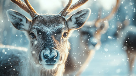 Reindeer in the winter forest. Snowfall in the forest.の写真素材