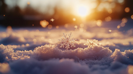 Snowflake on snow in winter forest. Christmas and New Year concept.の写真素材
