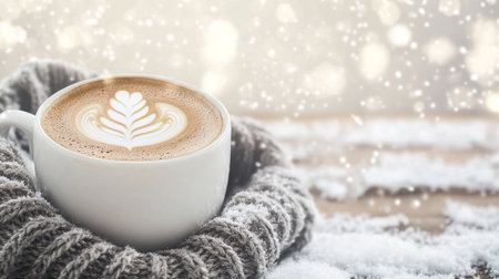 Cup of coffee with latte art and scarf on wooden backgroundの写真素材