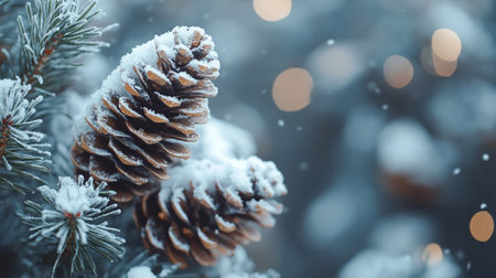 Winter background with pine cones covered with snow and bokeh.の写真素材