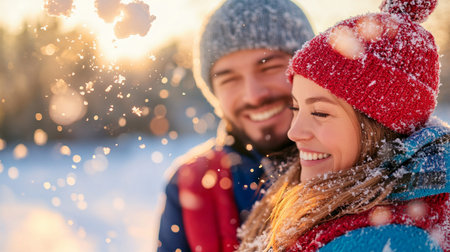 Winter love story. Happy young couple in love having fun outdoors in winter park.