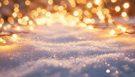 Christmas background with golden lights and snow, bokeh effect.