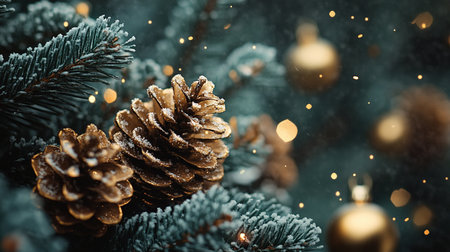 Christmas background with fir tree branches, cones and golden bokehの写真素材
