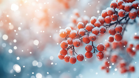 Snow covered rowan berries on a branch in the winter forest.