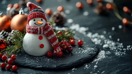 Snowman with Christmas decoration on black stone background. New Year concept.の写真素材