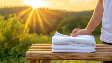 Man with clean towel on wooden bench in sunset light, closeup