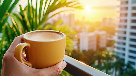 Female hand holding cup of coffee on the balcony with cityscape view backgroundの写真素材