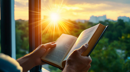 Man reading book on the windowsill at sunset. Reading and education concept