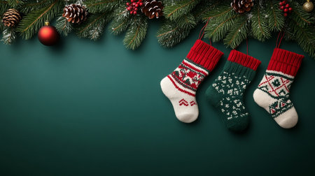 Christmas background with fir tree branches, christmas sock and decorations.