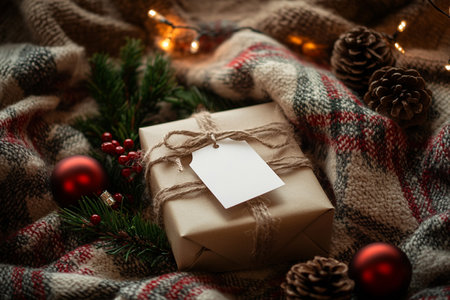 Christmas gift wrapped in kraft paper and tied with twine on a plaid background