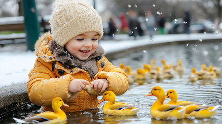 Adorable little girl playing with ducks in a park on a winter dayの写真素材
