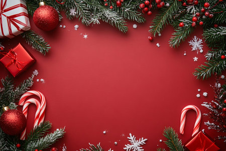 Christmas background with fir tree branches, candy canes and decorations on red