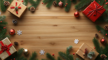 Christmas background with fir tree branches, gift boxes and decorations on wooden board