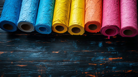 Rolls of multicolored wrapping paper on dark wooden background.の写真素材