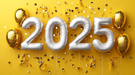 Happy New Year 2015 celebration background with gold foil balloons and confetti. Vector...