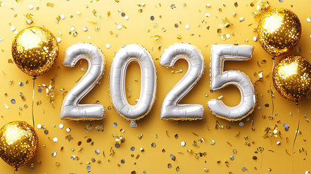 Happy New Year celebration background with golden balloons and confetti. 3D Rendering