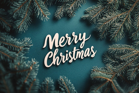 Christmas greeting card. Merry Christmas lettering on green background with fir branches.