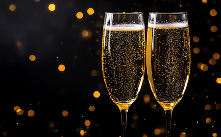 Two champagne glasses with golden sparkles on bokeh background.の写真素材