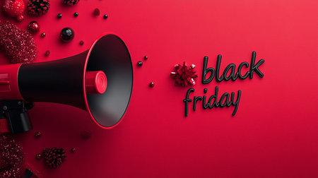 Black Friday Sale Banner with Megaphone on Red Background. 3D Renderingの写真素材