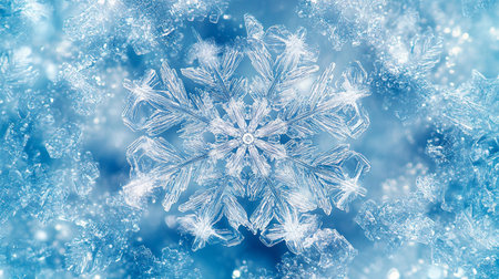 Macro shot of a snowflake on a blue background. Winter background.